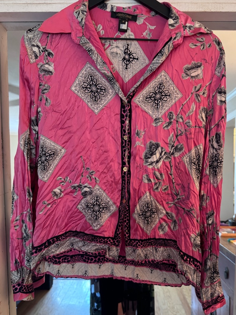 Vintage Roberto Cavalli Pink Floral Button-Front Women's Blouse